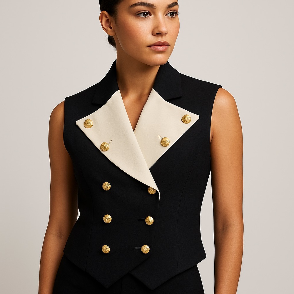 Moschery Black and Cream Vest with Gold Buttons